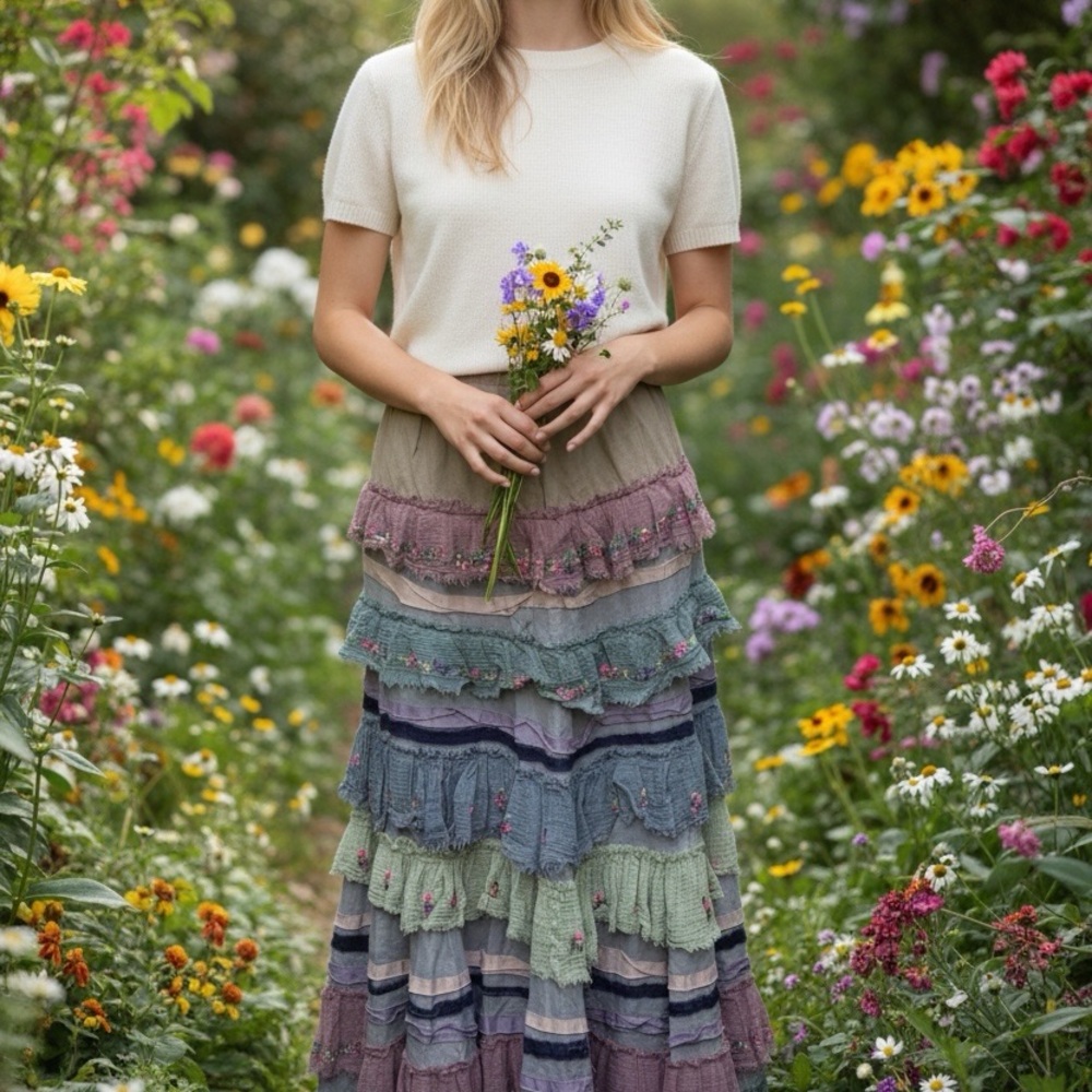 Whimsigoth Fairycore Artsy Colorful Embroidered Tiered Gauze Maxi Skirt S